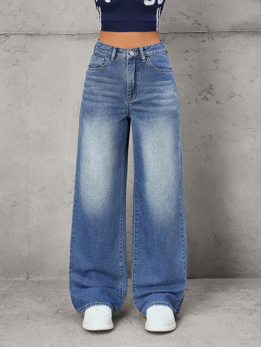 SHEIN Tall Women's Fashion Casual Retro Versatile Loose Straight Leg Pants - Dark Wash - View 1