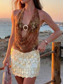 Áo Camisole Aloruh mới, gợi cảm, xuyên thấu, cổ khoét sâu, họa tiết Paisley, kiểu yếm, hở lưng, trang trí kim loại, phong cách Paisley, retro, Y2K, phù hợp cho các lễ hội âm nhạc, kỳ nghỉ ở Hawaii, hẹn hò, hộp đêm, bãi biển, du thuyền, trà chiều, phong cách Boho, kỳ nghỉ, mùa thu/hè. - màu nâu - Xem 3