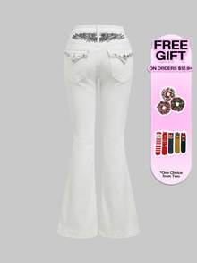 ROMWE PETITE Spring/Summer Women's Casual Flare Jeans With Pockets, Rhinestone Wing Embroidery - White - View 5