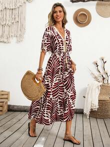 Breezaya 女士法式设计印花收腰飘逸流苏V领长款连衣裙，度假风 - 紅白色 - 查看 6