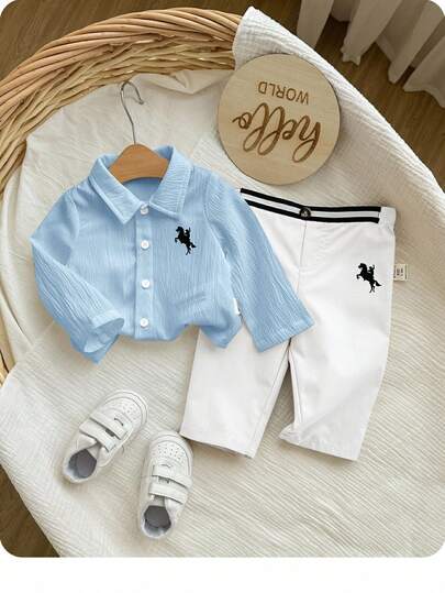 Neugeborenen Baby Jungen Lässiges, süßes, vielseitiges Set aus weißem Langarmhemd und Hose