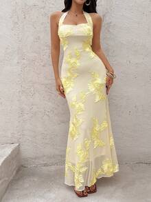 Sunnyshic 女士酒红色露背修身长款鱼尾连衣裙，奢华刺绣，优雅迷人，适合婚礼、派对、宴会、海滩、夜店、约会、秋季、情人节、圣诞节等场合。 - 黃色 - 查看 4