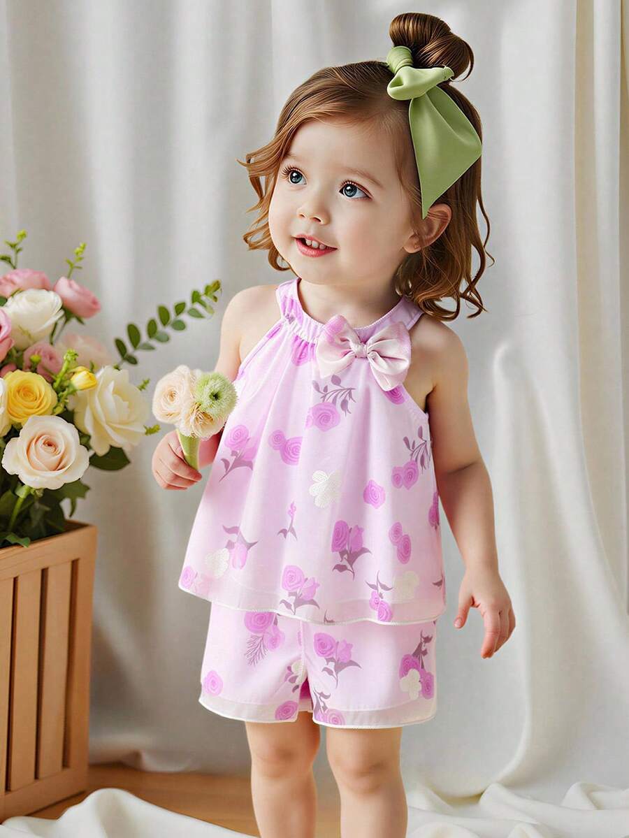 Souflis Souflis Cute Baby Girls Halter Neck Purple Chiffon Sleeveless Co-Ord With Floral Plant Print And Ruffle Detail Baby Girl Summer Clothes Baby Girl Casual - Purple - View 1