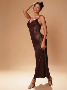 Hauture 秋季性感优雅黑色缎面蕾丝紧身长裙，配以薄纱拼接。适合约会之夜 - 棕色 - 查看 9