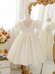 Glamorique Kids Young Girl'Elegant White Summer Flower Girl Apricot Jacquard Fabric Bubble Sleeve Princess Dress,Chiffon Bow Birthday Party Performance Princess Dress - Apricot - View 2
