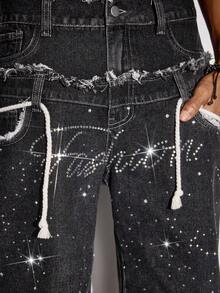 ROMWE MEN 男士带口袋做旧腰带水钻装饰牛仔短裤 - 灰色 - 查看 5