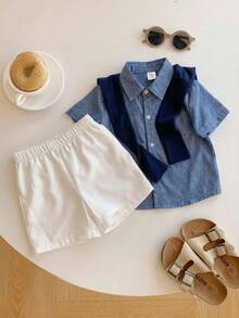 SHEIN 4件套男宝宝夏季可爱条纹短袖衬衫、松紧腰短裤、披肩、绅士套装（含腰带），适合生日派对、晚宴、演出、婚礼、迎婴派对、一周岁生日庆祝等场合。 - 彩色 - 查看 6