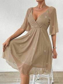 Rafferiza Mesh Embossed Ruffle Sleeve Waist Cinched Mini Dress - Khaki - View 4