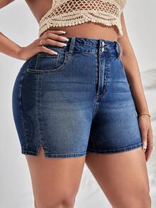 SHEIN SXY 大碼下擺開叉牛仔短褲 - 深色水洗藍 - 查看 4