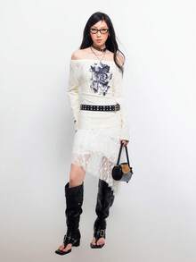 Bloopia 女士时尚不对称下摆花卉蕾丝半身裙，休闲/度假风 - 白色 - 查看 6
