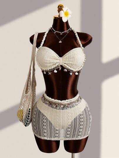 Bonvoyette 女士夏季沙滩纯色海星贝壳吊坠装饰系带比基尼套装，带迷你裙