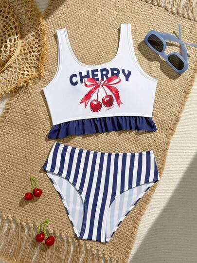 Tween Girl Vitt Linne med Körsbärsblommor, Blommigt Kantband, Sommarbadkläder