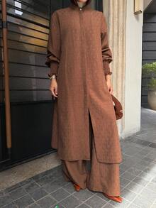 DAZY 女士休闲宽松长款衬衫和阔腿裤两件套，春夏女士家居服套装 - 卡其色 - 查看 3