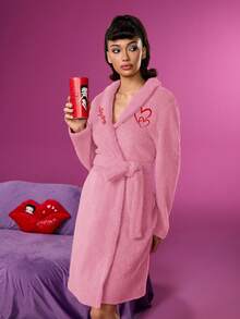 Betty Boop x SHEIN Women's Autumn/Winter Heart & Figure Embroidered Plush Robe - Pink - View 4