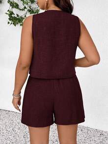 SHEIN Frenchy Bộ đồ thường ngày 2 mảnh dành cho nữ cỡ lớn, gồm áo ba lỗ và quần short, thích hợp mặc hàng ngày vào mùa hè. - Màu đỏ tím - Xem 2