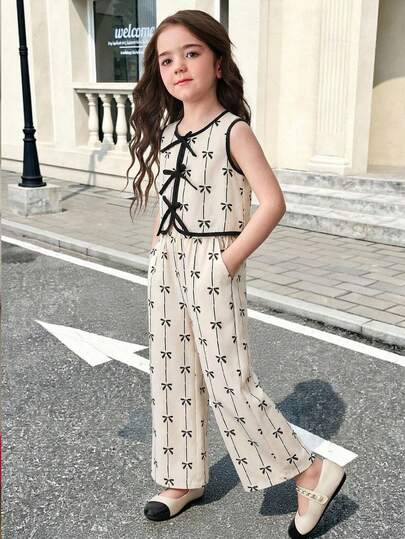 SHEIN Young Girl Young Girl 2 Pieces Bow Print Sleeveless Top & A-Line Skirt Set For Young Girls,Cute & Elagant,Back To School ,Spring Summer