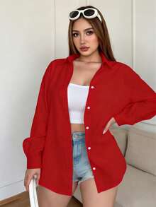 Resyla Áo sơ mi nữ cỡ lớn tay dài màu trơn cài một hàng khuy, kiểu dáng thường ngày/công sở - Nhiều màu - Xem 7