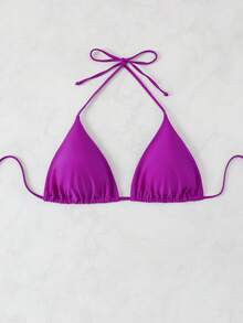 Slaydiva Top de bikini de triángulo con nudo de amarre en el cuello, unicolor, talla grande - Morado - Ver 7