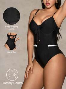 Shapewave 女士夏季沙滩纯色金属面料吊带前系带弹力连体泳衣，舒适休闲度假 - 黑色 - 查看 9