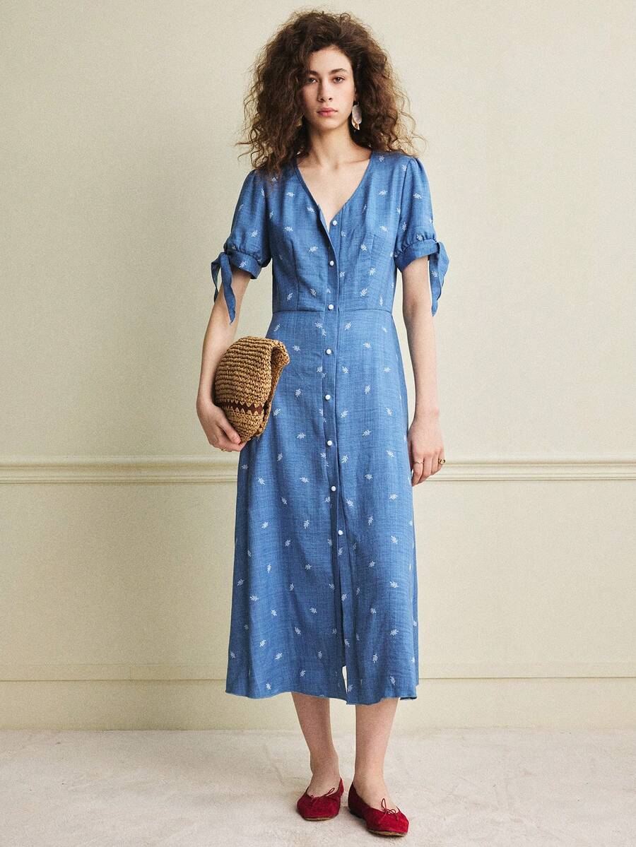 Écloséra 优雅法式复古修身V领系带袖刺绣蓝色女士春夏连衣裙