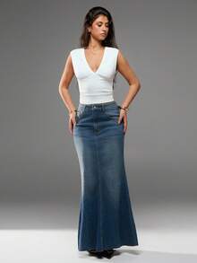 Avantive New Summer Low Waist Casual High Street Ladies Denim Maxi Mermaid Skirt - Dark Wash - View 5