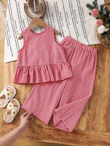 2pcs Young Girl Woven Plaid Sleeveless Casual Top And Pants Set - Red - View 7