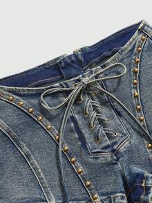 ROMWE Grunge Punk Y2K Ultra Low Waist Sexy Rhinestone Rivet Crop Denim Shorts - Blue - View 3