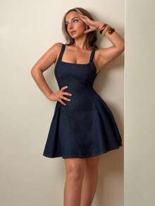 Jeta Ari Women's Square Neck Ruched Sleeveless Casual Denim Dress, Summer - Dark Wash - View 4