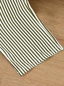 2pcs/Set Tween Girls Summer Casual Outfit,White T-Shirt Top & Green And White Striped Straight Pants - Multicolor - View 4
