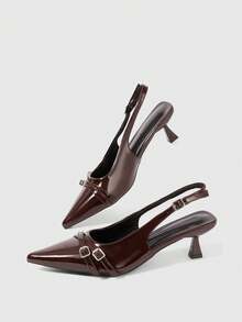 Sleekvia Women's Pointed Toe Kitten Heel Slingback Spring/Autumn Patent Leather Pumps, Wine Red For Christmas Valentine's Day - Coffee Brown - View 2