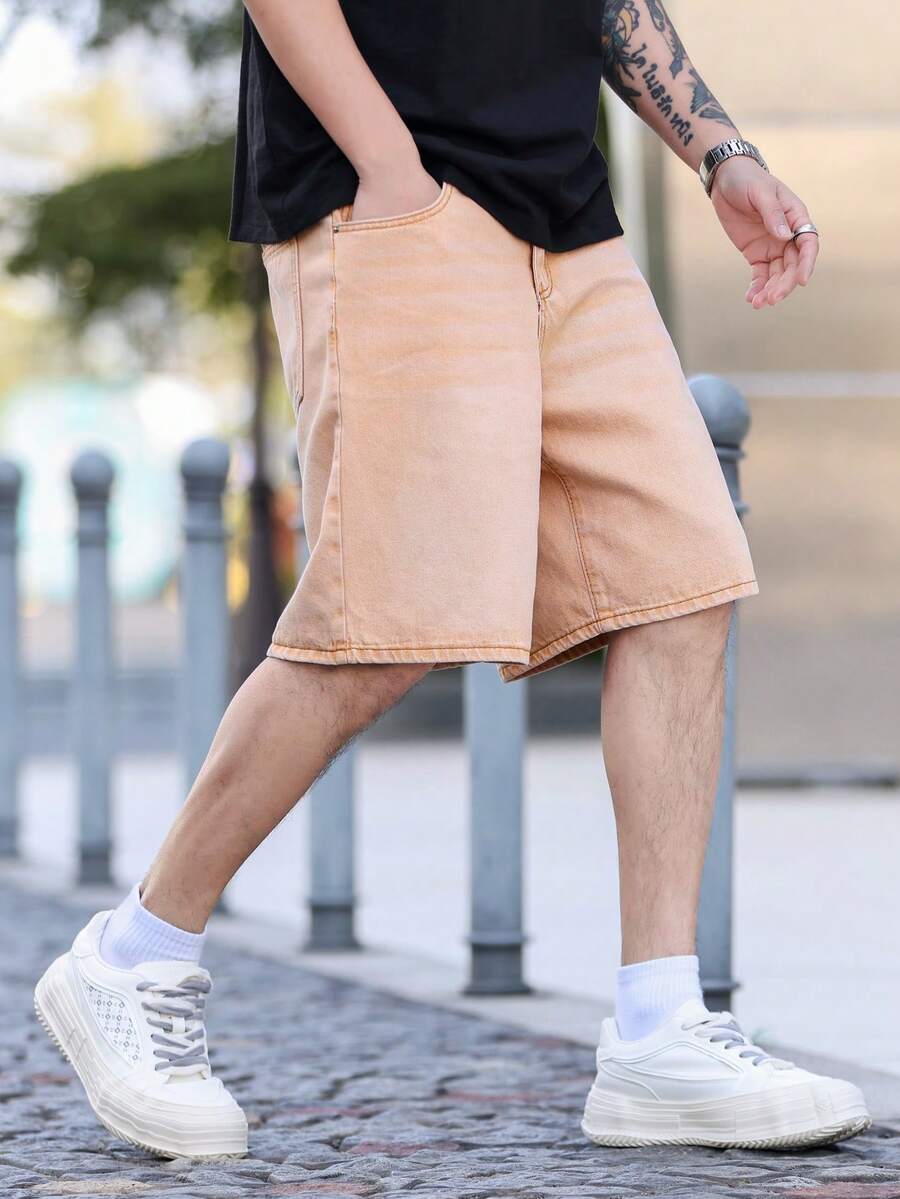Manfinity Homme 男士休闲日常通勤简约纯色斜插口袋宽松牛仔短裤，夏季 - 棕色 - 查看 1
