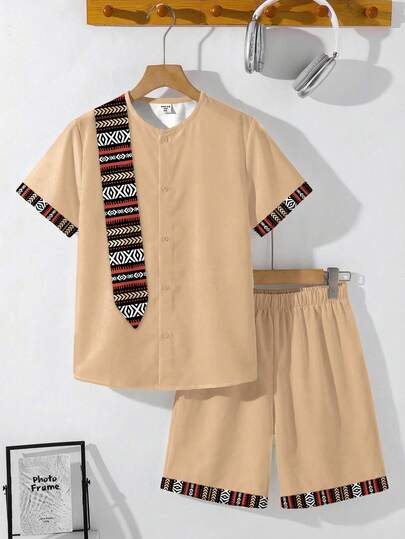 2 piezas Conjunto informal de camisa + pantalones cortos para niño preadolescente, adecuado para primavera/verano