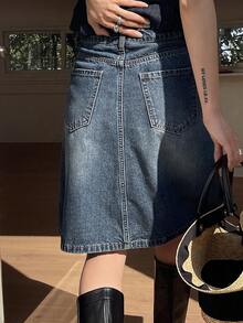DAZY Women's Regular Mid-Waist A-Line Knee-Length Casual Elegant Denim Skirt - Dark Wash - View 4