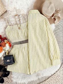 Sunspun 大码女式黄色条纹休闲度假长袖衬衫、吊带背心和短裤三件套 - 黃色 - 查看 2