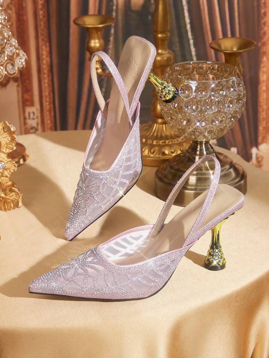 CUCCOO TILAWA 女士时尚方头细高跟鞋，优雅晚宴高跟鞋，露后跟套穿式水钻装饰高跟鞋 - 粉色 - 查看 1