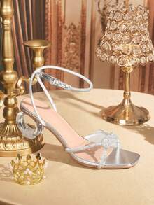 CUCCOO TILAWA Women's Fashion Rhinestone Twist Knot Square Toe Chunky Heel Sandals - Silver - View 3