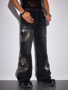 ROMWE MEN Street Life 男士水钻装饰牛仔裤，适合日常穿着，春夏款 - 黑色 - 查看 5