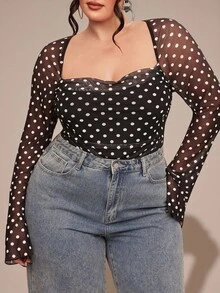 SHEIN BAE 大码波点印花网纱拼接方领长袖连体衣 - 黑與白 - 查看 3