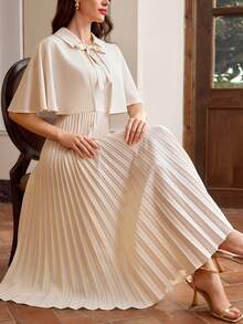 Vintamour 复古经典优雅女士连衣裙，春夏修身披肩式连衣裙，带蝴蝶结，褶裥设计，杏色喇叭裙 - 杏色 - 查看 5