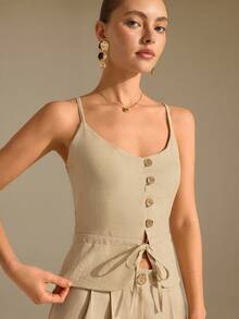Beige Button Front Crop Top And Wide Leg Pants Set: Regular Fit And Laidback Minimalist Vibe, Great For Summer Brunches Or Coastal Trips, Made In Lightweight Non-Elastic Linen Blend Featuring Adjustable Straps And Relaxed Trouser Cut Linen Two Piece Set Beige Two Piece Set Linen Outfit Pant Suit Summer Sets Women Linen Pants Set Womens Jumpsuits Summer Vacation Jumpsuit Woman Linen Jumpsuit Women Cotton Jumpsuits For Woman Linen Set Women Womens Two Piece Outfits Linen Outfits For Women Womens Linen Pants Set Womens Linen Set Two Piece Set Women Linen Clothing Women - Beige - View 5