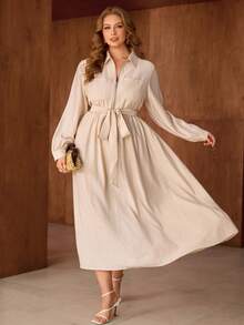 Flirla Đầm dài tay bằng vải lanh đơn, thanh lịch kiểu Pháp dành cho nữ, thích hợp cho những buổi trà chiều lãng mạn, cổ áo sơ mi, thắt eo, khóa kéo phía trước, trang trí, thích hợp cho mùa xuân/hè. - Màu be - Xem 7