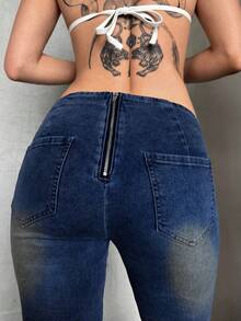SHEIN ICON Quần jeans ống loe phong cách retro vintage dành cho nữ cỡ lớn, kiểu dáng đường phố sành điệu, màu xanh đậm. - Màu xanh hải quân - Xem 6