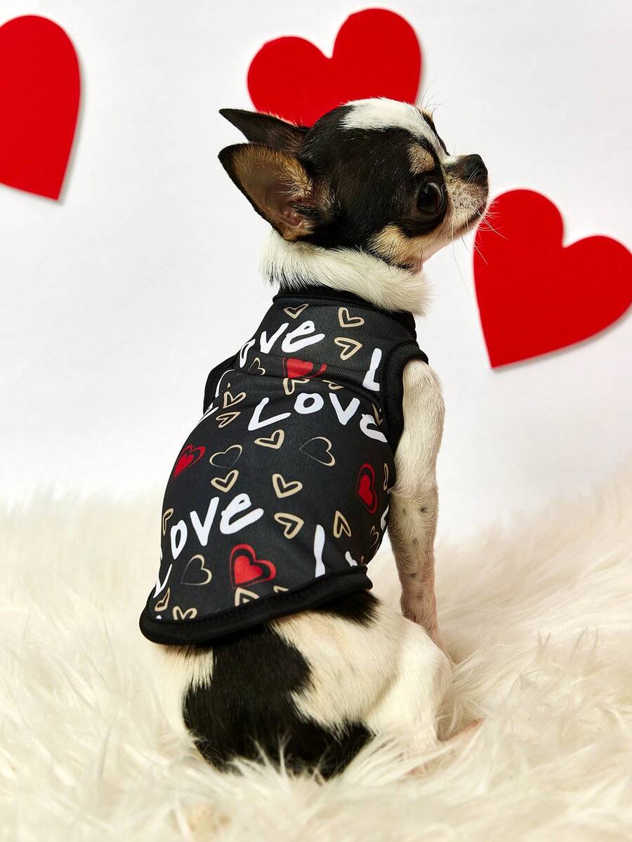 PETSIN 1件情人节印花宠物背心，黑色运动风，亲肤透气，夏季宠物服装