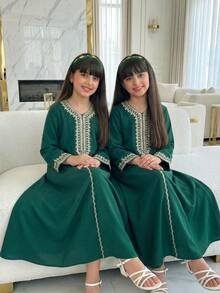 女童长袖连衣裙，V领花卉刺绣叶子图案，适合派对和聚会，传统阿拉伯服饰 - 綠色 - 查看 6