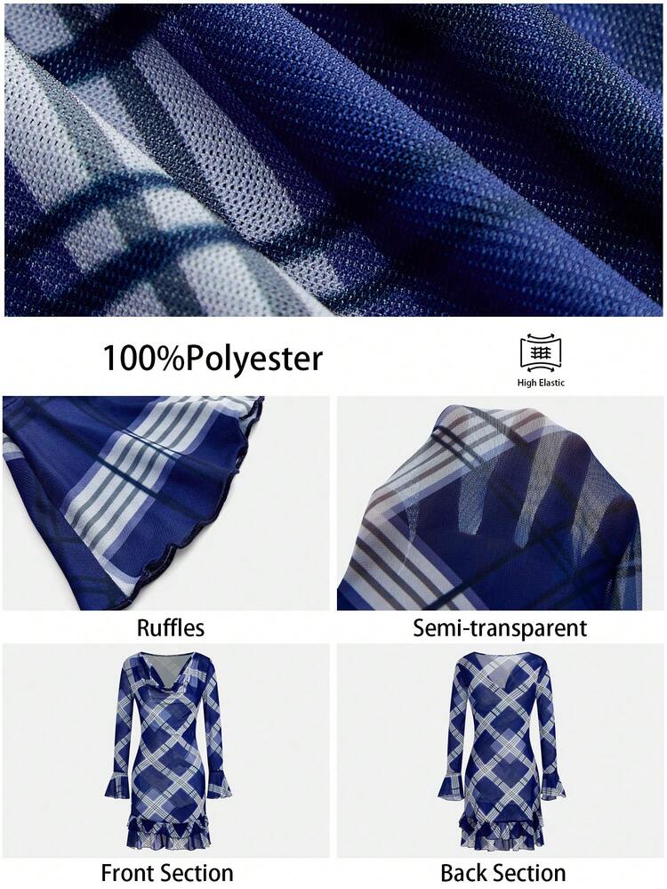SHEIN Maija Graphic Printed Women Short Dress, Draped Neck, Long Sleeve, Ruffle Hem, Asymmetric Hem Long Sleeve Dresses Woman Plaid Dress  Spring Dress Women Carnival Outfit Wrap Dress Women High Stretch Dress Valentine's Day Vacation Outfits Women Spring To Summer Party Dress