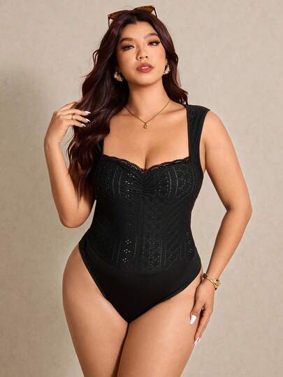 Elaquor プラスサイズ女性用コントラストレースフリルバックレスボディスーツ