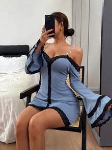 Dream Adore Áo ngủ nữ gợi cảm cổ chữ V tay dài trễ vai phối ren. - Màu xanh nhạt - Xem 6
