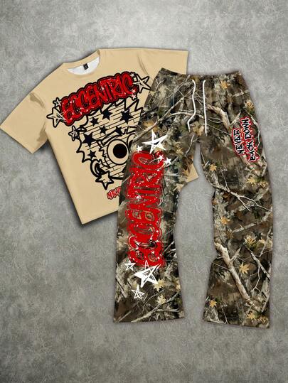 Manfinity ZONE917 Plus Size Men's Loose Fit Cartoon Red & White Graffiti Figure & Branch Camouflage Print Knit Short Sleeve T-Shirt & Pants Set, Casual & Fashionable, Plus Size Fit, Perfect For Dates And Gatherings, Great Gift For Boyfriend