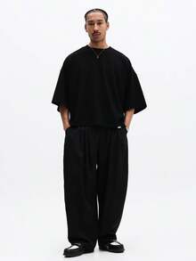 SUMWON Camiseta Masculina Oversized de Gola Careca de Manga Curta Sólida, Simples, Confortável, Ajuste Relaxado, Casual - Preto - Visão 3