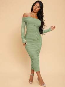 Radiana Đầm dài tay gợi cảm ôm sát, trễ vai, xếp ly, chất liệu lưới, thích hợp cho mùa xuân và hè. - Màu xanh Bạc hà - Xem 4